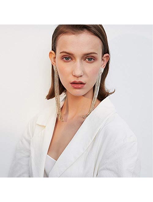FXmimior Fashion Women Long Rhinestones Tassel Earrings Gold Bohemian Long Chain Drop Dangle Earrings Jewelry for Women