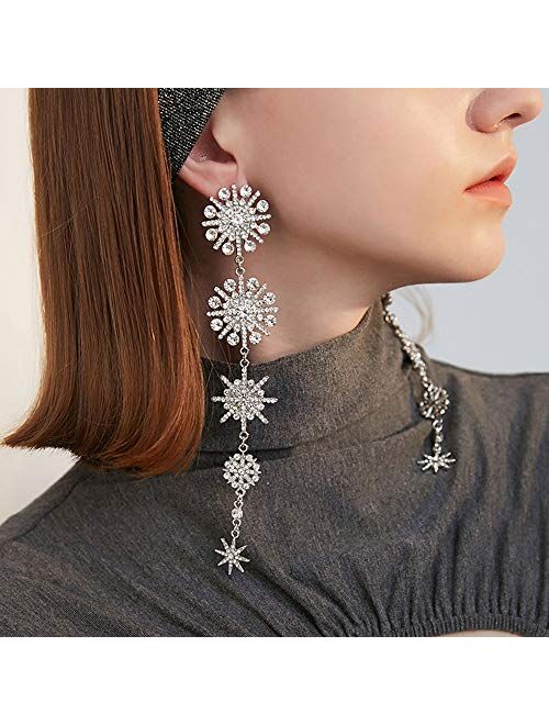 Xerling Snowflake Starburst Rhinestones Dangle Drop Earrings Long Tassel Earrings Bling Glitter Stud Earrings