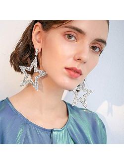 Xerling Full Crystal Rhinestone Star Dangle Hoop Earrings Big Star Drop Earrings Bling Sparkly Earrings for Party Wedding Bar