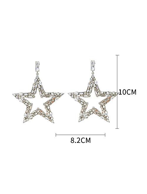 Xerling Full Crystal Rhinestone Star Dangle Hoop Earrings Big Star Drop Earrings Bling Sparkly Earrings for Party Wedding Bar