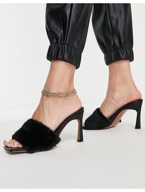 Asos Design Hattie mid-heeled mule sandals in black fur