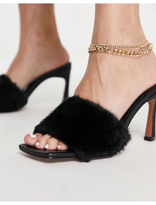 Asos Design Hattie mid-heeled mule sandals in black fur
