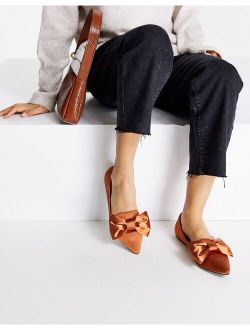 Lake bow pointed ballet flats in rust satin