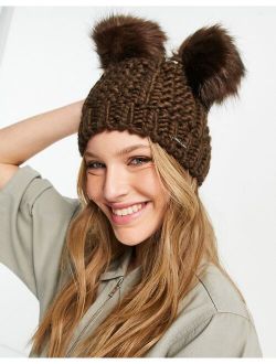 double pom pom cable knit beanie in brown