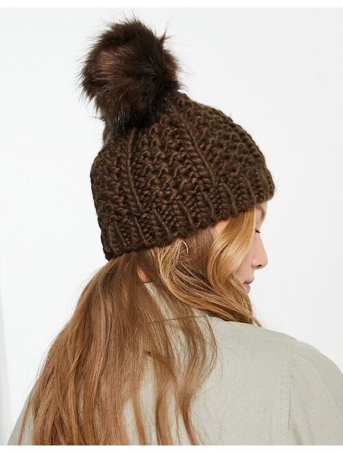 River Island double pom pom cable knit beanie in brown