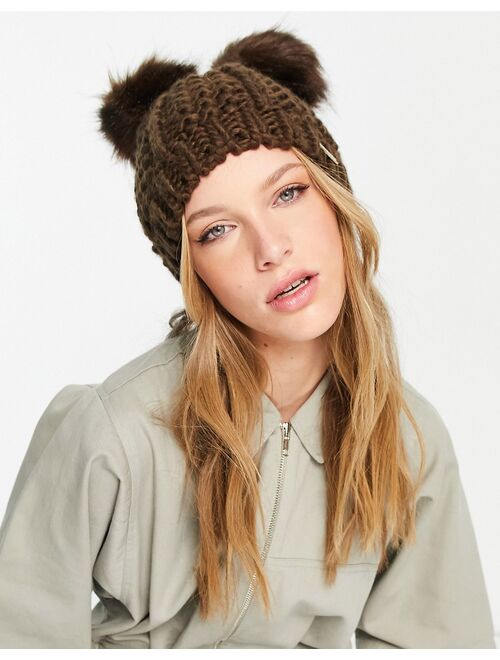 River Island double pom pom cable knit beanie in brown
