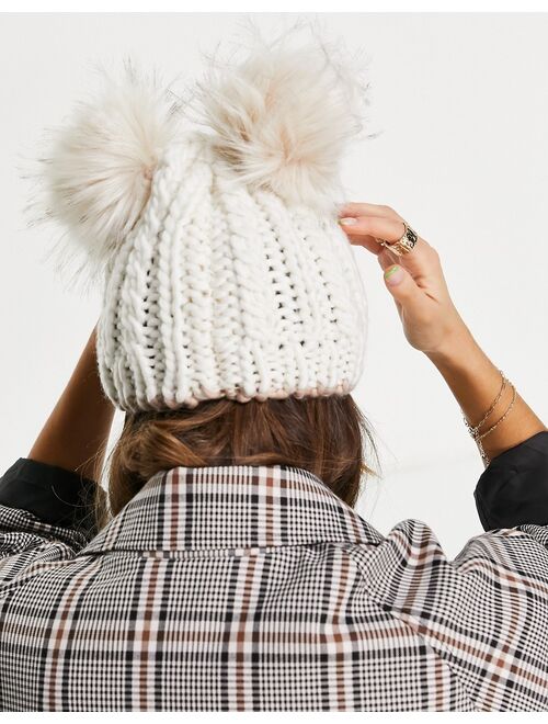River Island double pom pom cable knit beanie in white