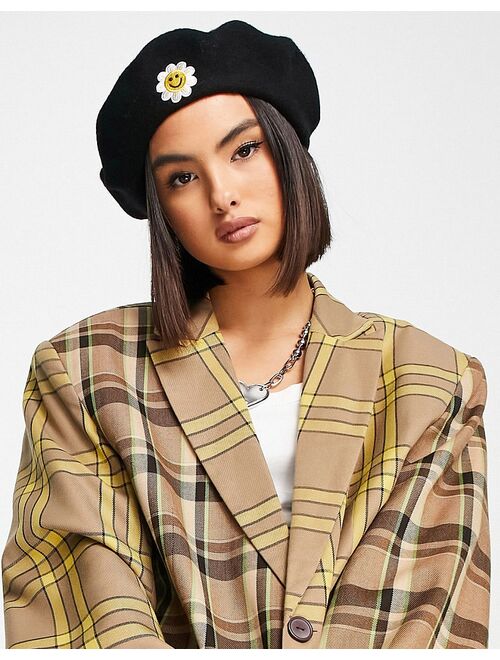 Asos Design wool beret in black with happy flower embroidery