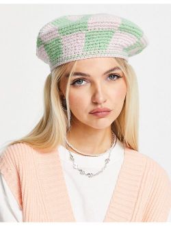 checkerboard knit crochet beret in multi