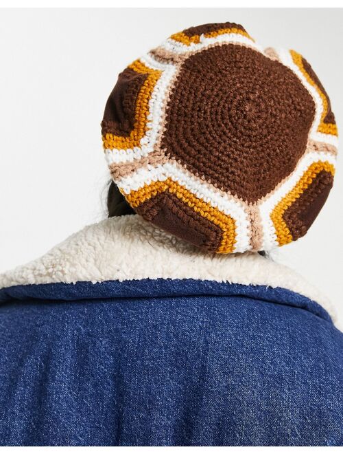 Asos Design crochet beret with suedette patches in brown