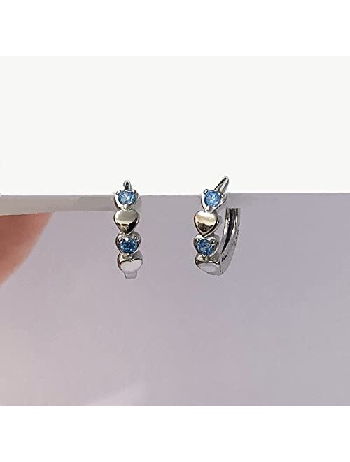 Double Love Heart Cubic Zirconia Sleeper Small Hoop Earrings for Women Teen Girls S925 Sterling Silver Cartilage Tiny Cute Huggie Hoops Hypoallergenic for Sensitive Ear B