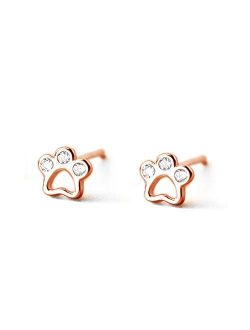 Dtja CZ Paw Earrings for Women Girls S925 Sterling Silver Cubic Zirconia Tiny Stud Tragus Post Pin Cute Paw Kitten Cat Puppy Dog Print Earrings Hypoallergenic Jewelry Gif