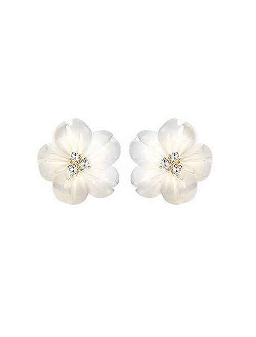 Dtja CZ Shell Pearl Flower Stud Earrings for Women Girls S925 Sterling Silver Hypoallergenic Crystal Cute Small Floral Statement Cartilage Tragus Post Pin Fashion Birthda