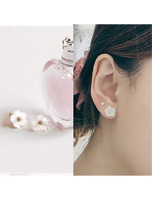 Dtja CZ Shell Pearl Flower Stud Earrings for Women Girls S925 Sterling Silver Hypoallergenic Crystal Cute Small Floral Statement Cartilage Tragus Post Pin Fashion Birthda