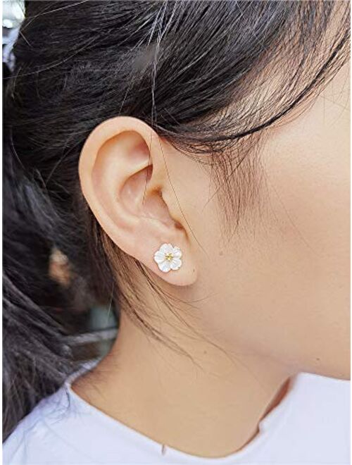 Dtja CZ Shell Pearl Flower Stud Earrings for Women Girls S925 Sterling Silver Hypoallergenic Crystal Cute Small Floral Statement Cartilage Tragus Post Pin Fashion Birthda