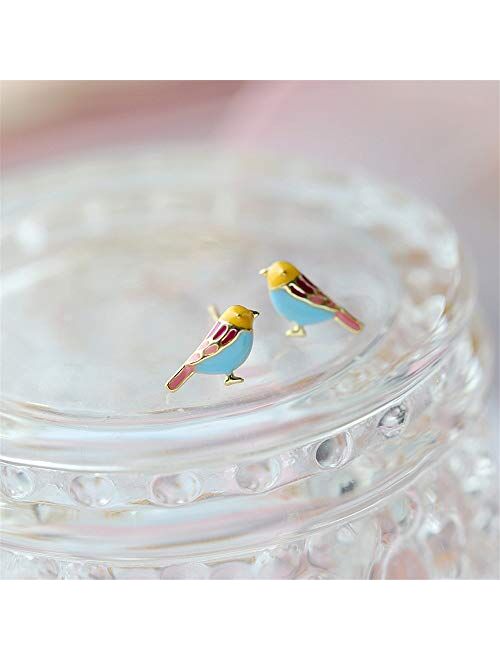 Dtja Cute Bird Stud Earrings for Women Girls 925 Sterling Silver Gold Plated Tiny Small Animal Pet Enameled Blue Yellow Pink Feather Birds Tragus Post Nickel Free Piercin