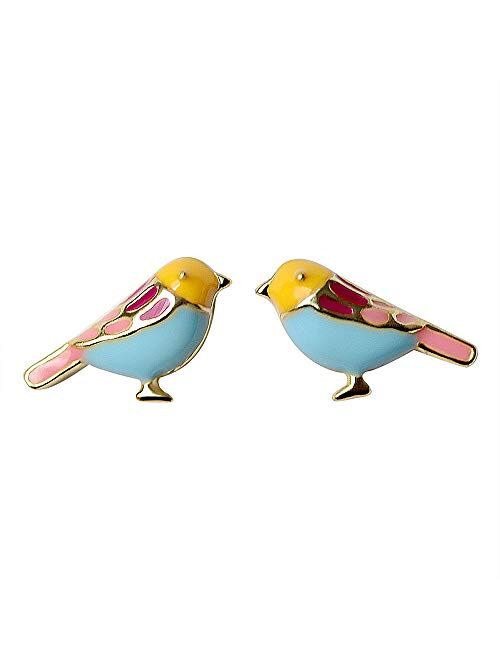Dtja Cute Bird Stud Earrings for Women Girls 925 Sterling Silver Gold Plated Tiny Small Animal Pet Enameled Blue Yellow Pink Feather Birds Tragus Post Nickel Free Piercin
