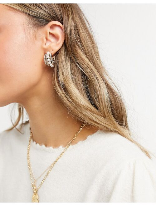 Asos Design hoop earrings with pearl row in gold tone