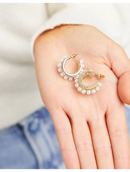 Asos Design hoop earrings with pearl row in gold tone