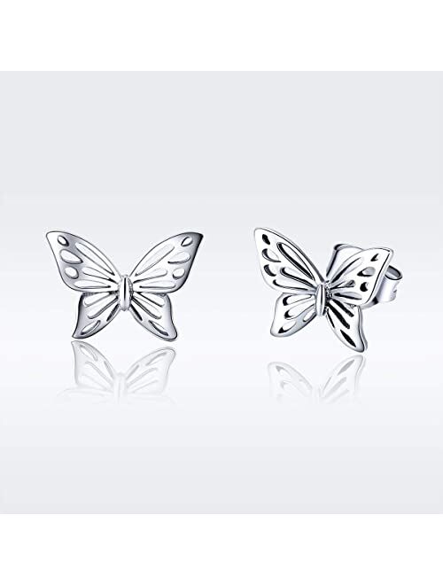 Dtja Vintage Filigree Butterfly Studs Earrings for Women Teen Girls S925 Sterling Silver Small Stud Fashion Hypoallergenic Jewelry Cute Gifts for Her (Silver)