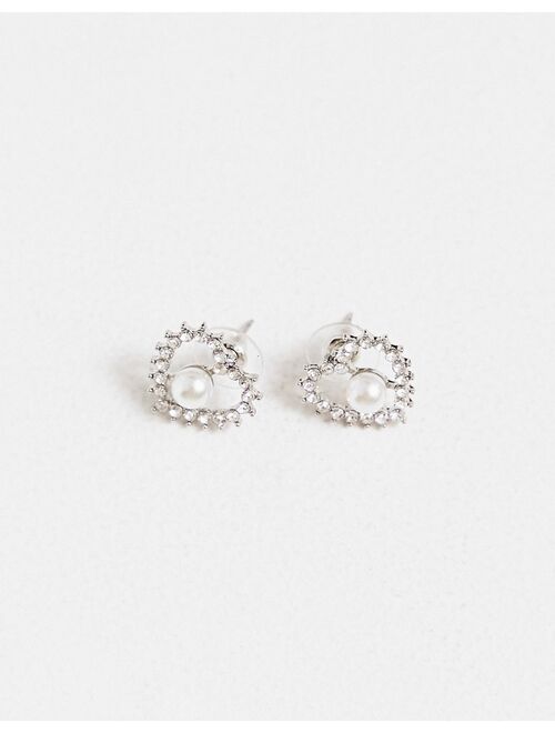 True Decadence crystal heart and pearl stud earrings in silver