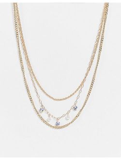 fresia bead and pearl charm multirow necklace in gold