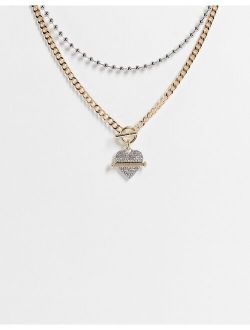 pave screw heart multirow necklace in gold