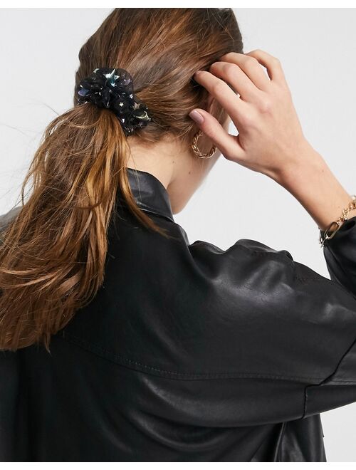 Topshop scrunchie hair tie in black organza with star print