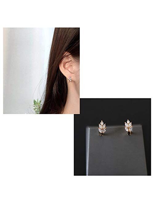 Dtja CZ Leaf Cartilage Huggie Small Hoop Earrings for Women Girls 925 Sterling Silver Cubic Zirconia Cluster Leaves Round Studs Tragus Pierced Ear Endless Hoops 8mm
