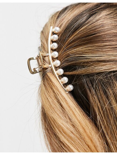 Asos Design hair claw clip with faux pearls in gold tone