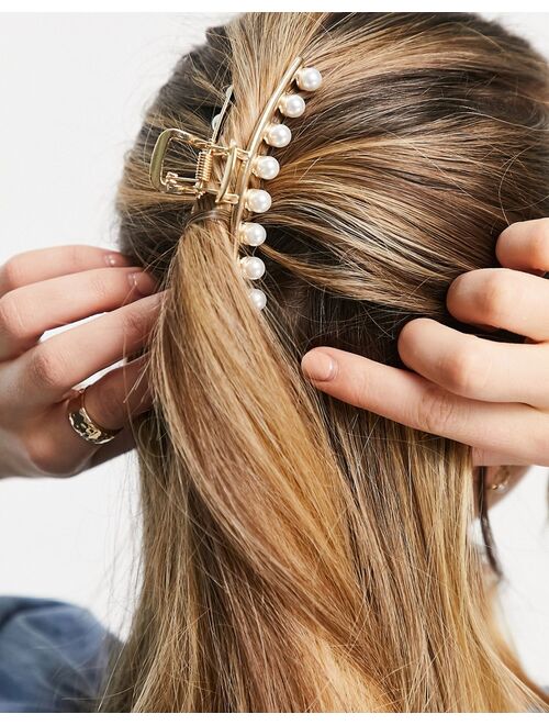 Asos Design hair claw clip with faux pearls in gold tone