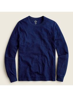 Long-sleeve indigo-dyed slub cotton pocket T-shirt