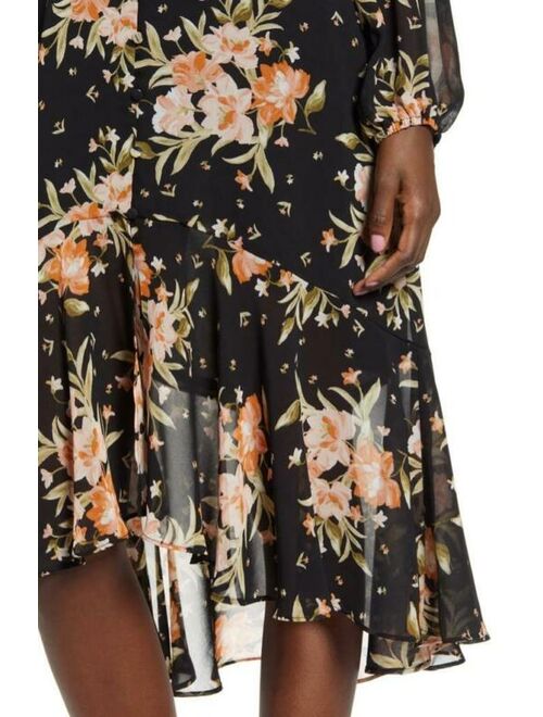 NEW LEITH Black FLORAL Chiffon BUTTON FRONT High/Low MIDI DRESS S
