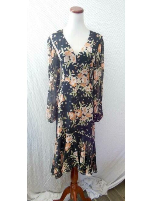 NEW LEITH Black FLORAL Chiffon BUTTON FRONT High/Low MIDI DRESS S