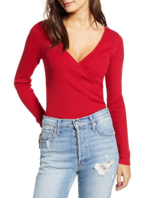 Leith Rib Wrap Sweater with Plunging V-Neckline L RED CHILLI NEW