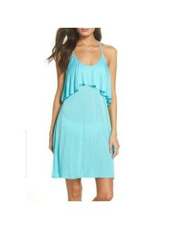 Women's Ruffle Teal Radiance Cover-Up Dress Open Back Sz. Small