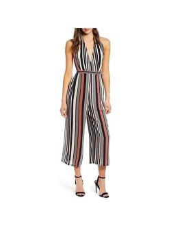 Womens Halter Cropped Pink Canyon Vertical Stripe Jumpsuit X-Large Brown