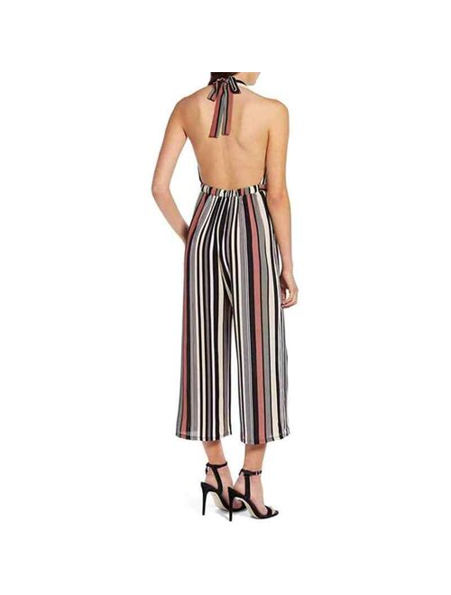 Leith Womens Halter Cropped Pink Canyon Vertical Stripe Jumpsuit X-Large Brown