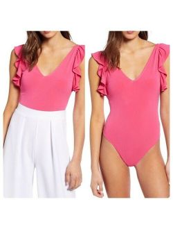 Women's Blouse Tops Flutter Sleeve Ladies Bodysuit One-Piece Pink Size XL