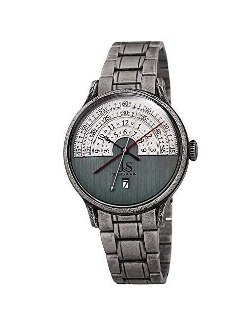 Joshua & Sons Halograph Men's Watch - Unique Round Arc Themed Dial -Date Window on Antique Finish Stainless Steel Bracelet- JX153