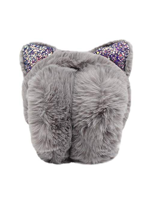C.C-Us Women Girls Foldable Winter Ear Muffs Fluffy Plush Soft Ear Warmers with Sequins Cat Ears