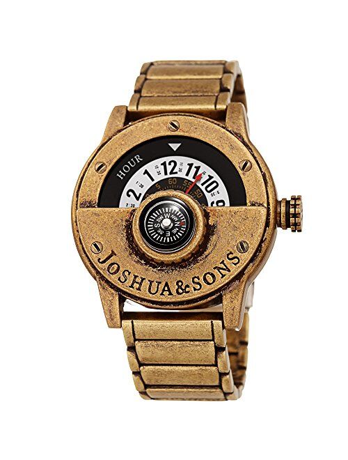 Joshua & Sons Heavy Duty Rugged Men’s Watch – Explorer Style with Built in Compass – Unique Rotating Wheel Display On Rustic Link Bracelet - JX139