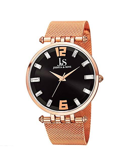 Joshua & Sons Men's Crystal Watch - 10 Genuine Crystal Baguette Hour Markers On Stainless Steel Mesh Bracelet - JS90