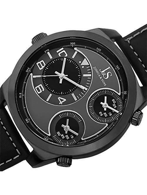 Joshua & Sons Men's JS88 Black Triple Time Zone Quartz Watch with Black Dial and Black Leather Strap