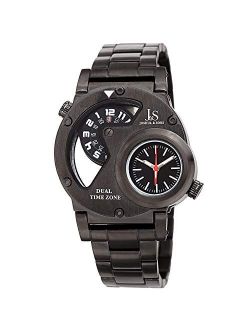 JX143 Heavy Duty Mens Watch Unique Dual Time Displays, Stainless Steel Bracelet Band, Matte Dials, Quartz Movement