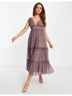 lace insert midi dress with ruffle detail in mauve