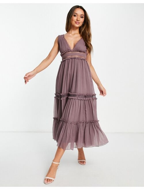 Asos Design lace insert midi dress with ruffle detail in mauve
