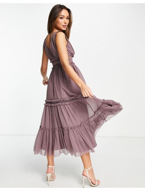 Asos Design lace insert midi dress with ruffle detail in mauve