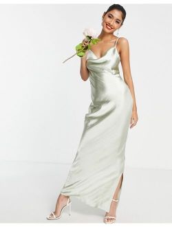 Bridesmaid cami maxi slip dress in high shine satin with lace up back in sage