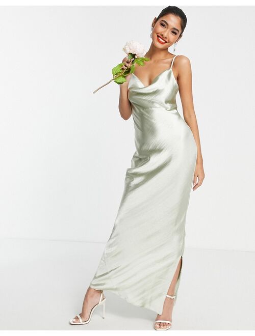 Asos Design Bridesmaid cami maxi slip dress in high shine satin with lace up back in sage